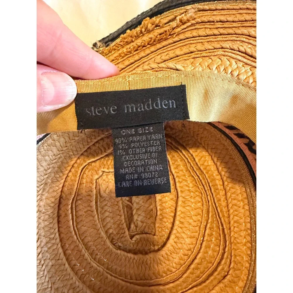 Steve Madden‎ Womens Wide Brim Straw Sun Hat Tan Black Pink Gold Metallic OS